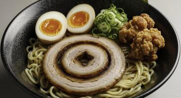 Delicious japanese ramen bowl with chashu pork, soft boiled eggs, and fried chicken photo