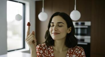 Smiling woman with eyes closed holding fresh raspberry on finger tip photo