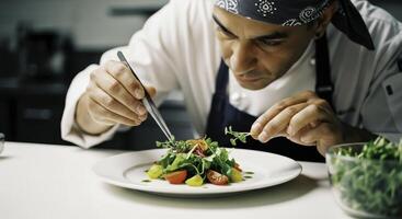 Professional chef meticulously plating a fresh gourmet salad with microgreens in a kitchen photo