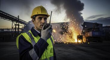 Male safety inspector in hard hat and vest using walkie talkie at a dangerous industrial site with sparks and smoke photo