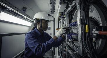Professional black woman technician working on industrial electrical control panel photo