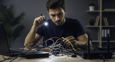 Young man troubleshooting tangled network cables with flashlight at night photo