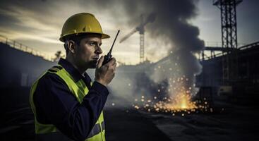 Male safety engineer communicating on walkie talkie at industrial site with sparks photo