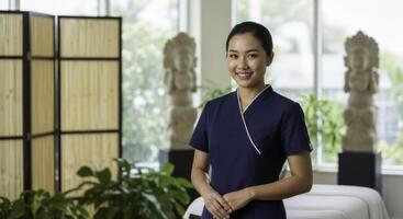 Smiling asian woman in blue uniform at a modern health and wellness spa photo