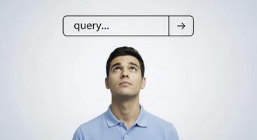 Young man looking up at a digital search bar for information query photo