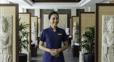 Smiling asian woman in blue uniform in a serene luxury hotel or spa environment photo