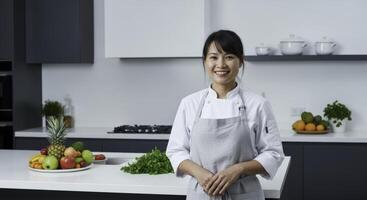 Smiling asian woman chef in a modern kitchen with fresh fruits and vegetables photo