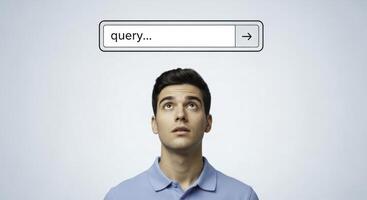 Young man looking up at a search bar with query text for information photo