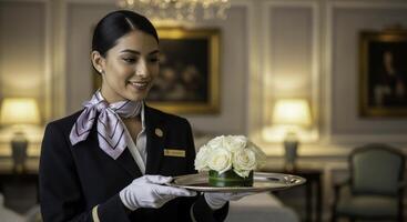 Smiling woman concierge in uniform holding tray with white roses in luxury hotel photo