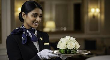 Smiling hotel staff woman in uniform presenting white roses on silver tray photo