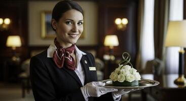 Smiling woman in elegant hotel uniform holding a tray with beautiful white rose flower arrangement in a luxurious lobby photo