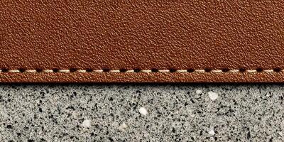 Brown Leather Texture with White Stitching on Grey Concrete Background photo