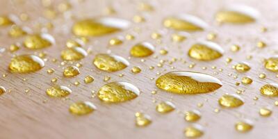 Golden Oil Drops on Light Wood Surface Closeup Macro Photography photo