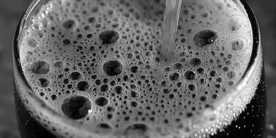 Closeup Black and White Photo of Bubbles in a Glass of Beer