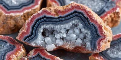 Stunning Red and Blue Agate Geode Slice with Quartz Crystals Macro Photography photo