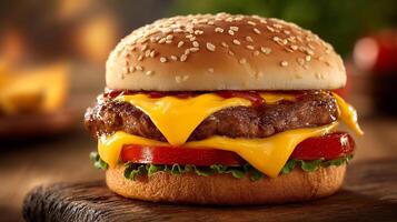 Close up photography of cheeseburger with melted cheese and lettuce photo