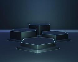 Dark night blue background. Podium empty space for display product, award and Other. 3D rendering photo