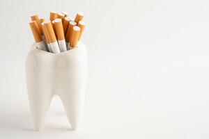 Cigarette in teeth model isolated on white background, damage the health of your teeth, photo