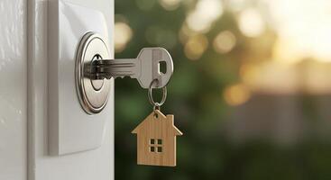 Home Key in Door Lock - Security, New Home, Real Estate Concept, Renting, Property Access photo