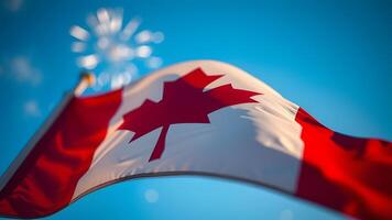 A dynamic Canadian flag waves against a bright blue sky, evoking a sense of patriotism and photo