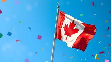 A vibrant, festive scene of a national flag waving against a clear blue sky with confetti falling. photo
