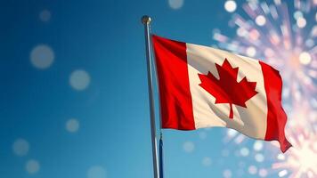 Canadian flag waving in the wind against a blue sky with celebratory fireworks in the background. photo