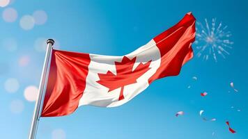 A captivating view of a Canada flag in a clear sky, showcasing its colors with celebration essence. photo