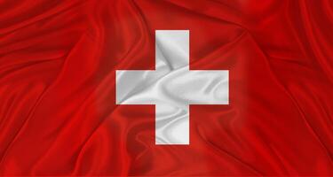 Flag of Switzerland with cloth texture. Close up of Swiss flag waving photo