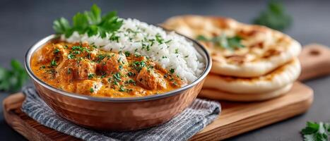 Indian butter chicken served with basmati rice and naan bread on wooden board, garnished with fresh herbs, warm and flavorful meal perfect for dinner photo