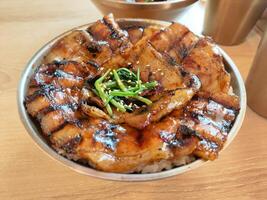 A bowl of butadon japanese food with meat and rice photo