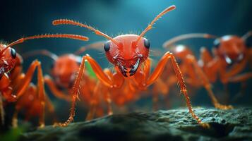 Colony of red ants marching across a mossy surface, highlighting intricate anatomy and social behavior while foraging in their natural environment photo