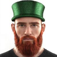 Close up portrait featuring a serious redhead man with a long beard, donning a festive St. Patrick's Day hat, celebrating the vibrant Irish culture and rich traditions photo