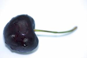 Close up view of a fresh black cherry with gleaming droplets on a clean white surface photo