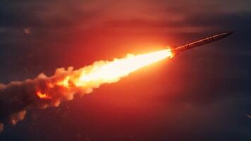 Missile launch sequence with dynamic flames and smoke trails against a dark sky, showcasing video