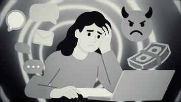 Stressed office worker dealing with cyber bullying and financial problems video