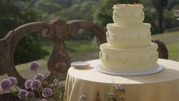 Elegant wedding cake displayed on table in garden. Action video