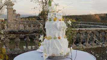 Elegant white wedding cake displayed on table in garden. Action video
