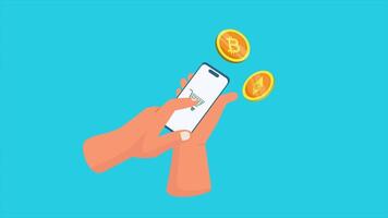 animated of purchasing bitcoin. Bitcoin gold and currency concept. Full length animated illustrations. High quality 4k footage video