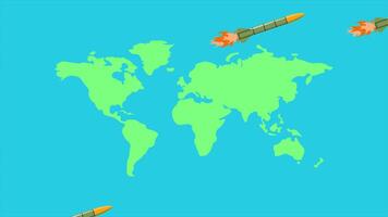 animated of missiles flying over world map. nuclear and missile concepts. Full length animated illustrations. High quality 4k footage video