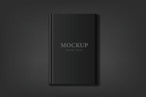 3d stylish black book mock up on dark black background. Blank black book cover front page template with copy space for your brand design. vector