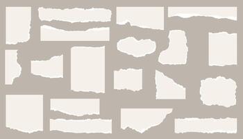 Big set of white torn paper sheet, ripped newspaper strip, retro texture background, text message banner, sticky note and grunge notebook page collage with uneven edge, Torn paper vector