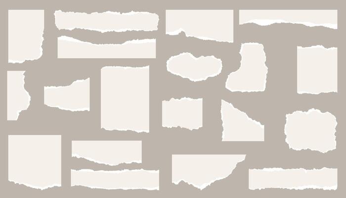 Big set of white torn paper sheet, ripped newspaper strip, retro texture background, text message banner, sticky note and grunge notebook page collage with uneven edge, Torn paper