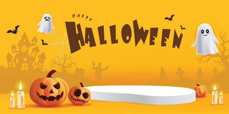 3d Happy Halloween podium, pumpkin, candle, white ghost and bat on yellow banner design background
