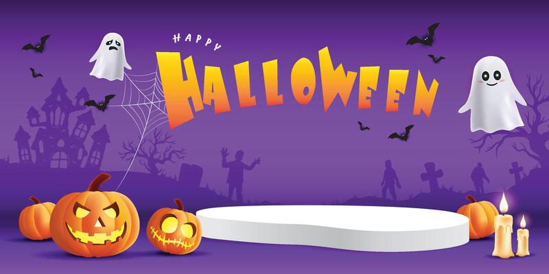Happy Halloween podium, pumpkin, candle, white ghost and bat on violet banner design background