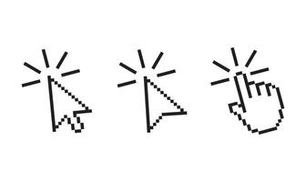 Pixel cursor pointer icons set. Computer mouse click arrow and hand. Pixel hand arrow logo isolated vector
