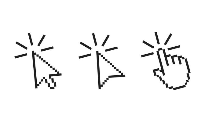 Pixel cursor pointer icons set. Computer mouse click arrow and hand. Pixel hand arrow logo isolated