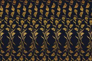 Dark Blue and Gold Botanical Background, Seamless Pattern vector
