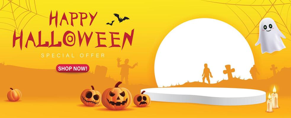 3d Halloween Sale Promotion Poster template with Product display stage. Halloween pumpkins and Ghost with moon light and castle silhouette background. Website spooky or banner template