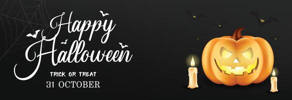 Happy Halloween banner. Festive background with realistic 3d black pumpkins with cut scary smile and flying bats. Horizontal holiday poster, header for website. vector