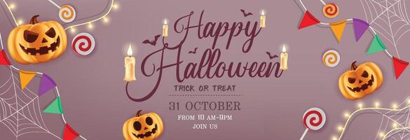 Halloween Promotion Poster or banner template with halloween pumpkin ghost, candy, string lights and halloween elements. Website spooky or banner vector